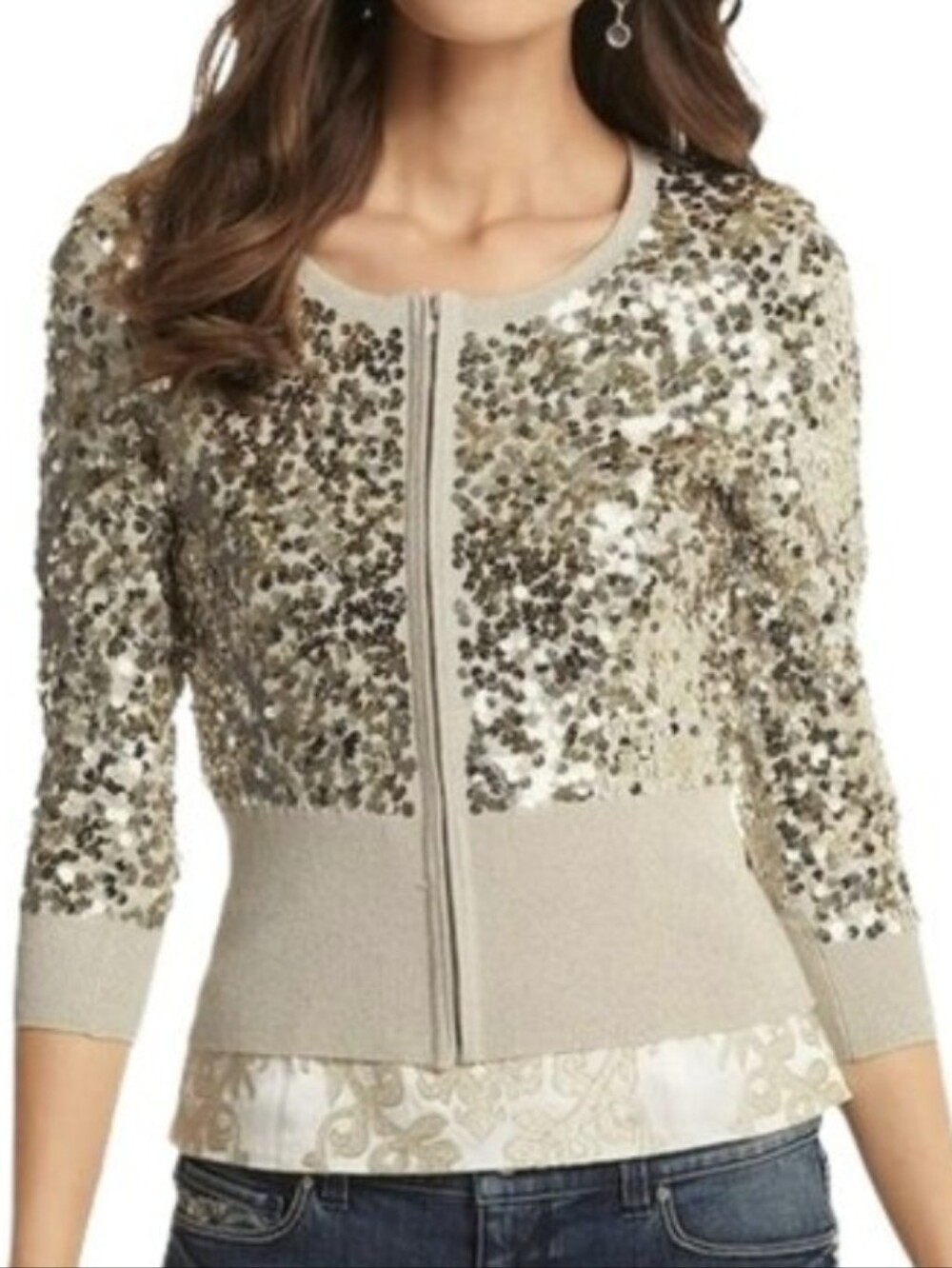 WHITE HOUSE BLACK MARKET Sequined Zip-Front Women's Jacket in Champagne Sz Small